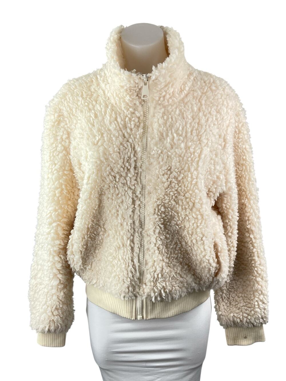 Newbury Kustom Cream Faux Sherpa Fleece Full Zip Long Sleeve Sweater Top Size L